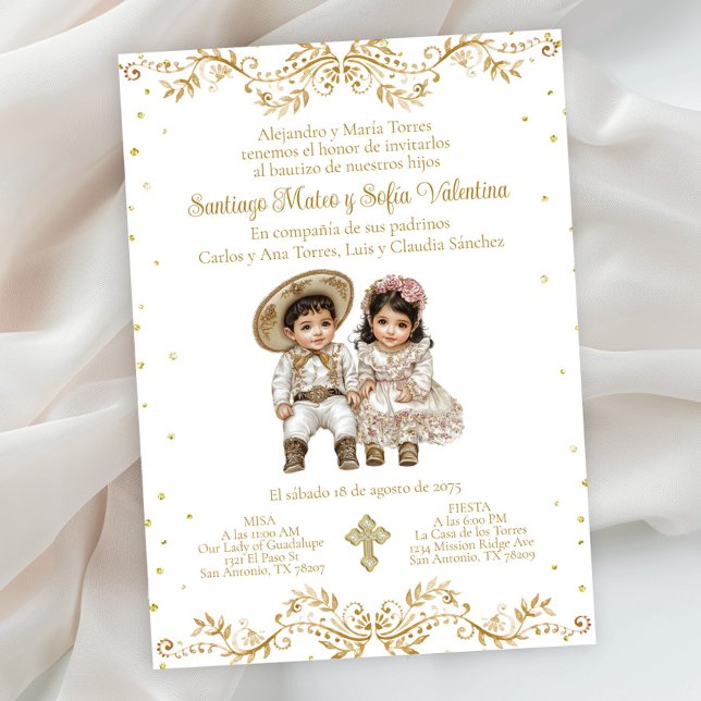 Invitation Baptême jumeaux Charro et Charra espagnols (Gold Charro and Charra twin baptism invitation. Simply add your event details.)