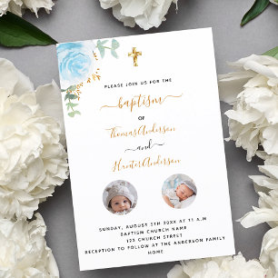 Invitation Baptême jumeaux garçons blanc floral photo luxe