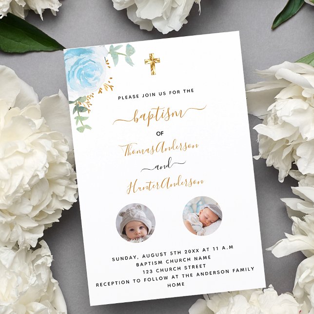 Invitation Baptême jumeaux garçons fleurs blanches photo luxe (Créateur téléchargé)
