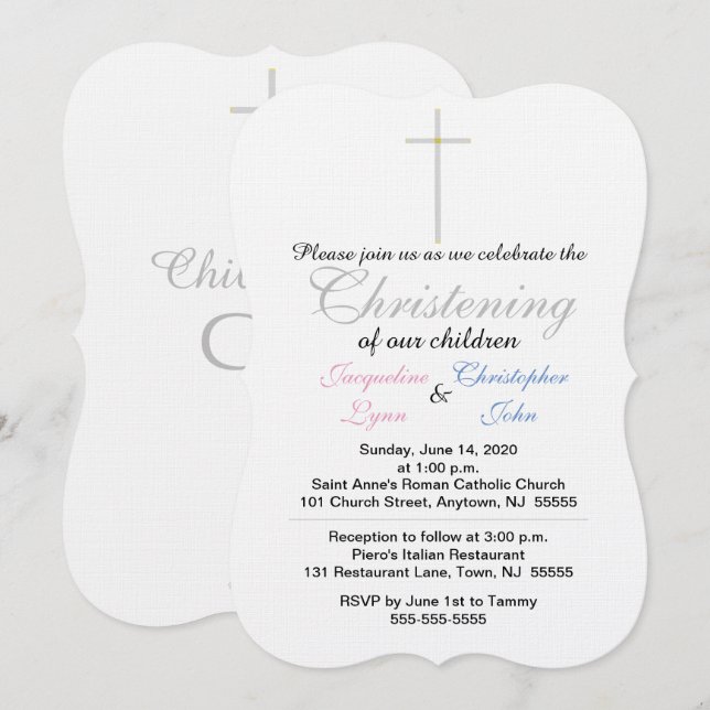 Invitation Baptême Jumeaux Rose Bleu (Devant / Derrière)