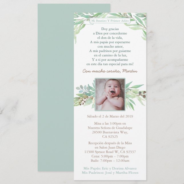 Invitation Baptême latino premier anniversaire pour garçon, e (Devant / Derrière)