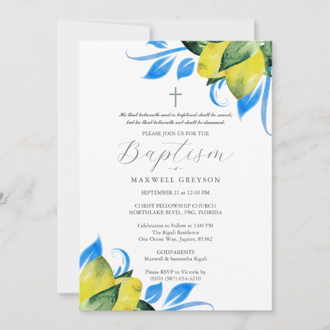 Invitation Baptême Lemon Foliage Religieux Italien Bleu (Devant)