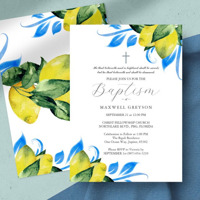 Invitation Baptême Lemon Foliage Religieux Italien Bleu (baptism invitation lemons Italian blue tile watercolor botanical art by Victoria Grigaliunas)
