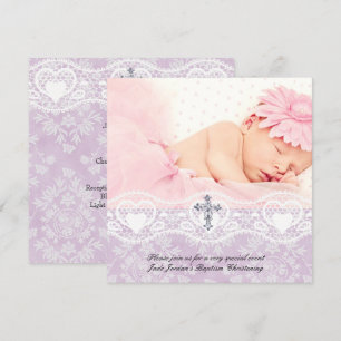 Invitation Baptême Lilac Blanc Dentelle Photo Bijou Croix Fil