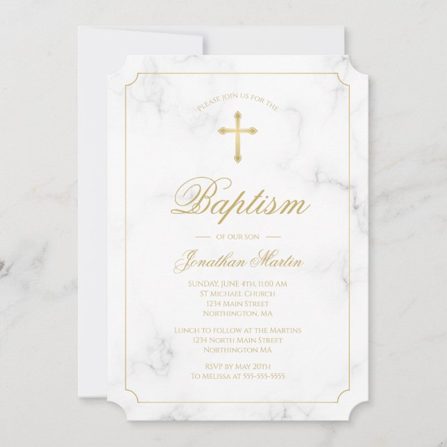Invitation Baptême Marbre blanc Gold Cross Script Boy Photo (Devant)