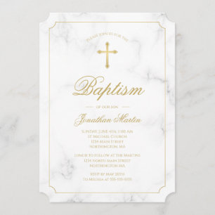 Invitation Baptême Marbre blanc Gold Cross Script Garçon