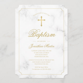 Invitation Baptême Marbre blanc Gold Cross Script Garçon