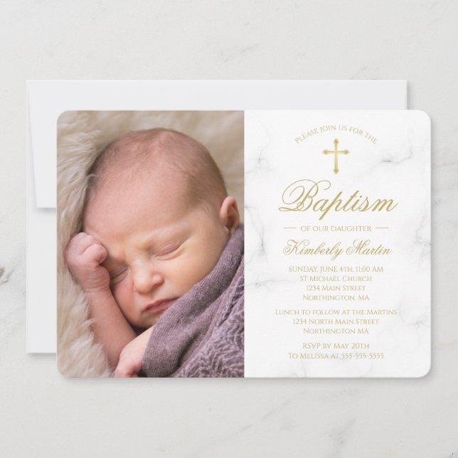 Invitation Baptême Marbre blanc Gold Cross Script Photo Girl (Devant)