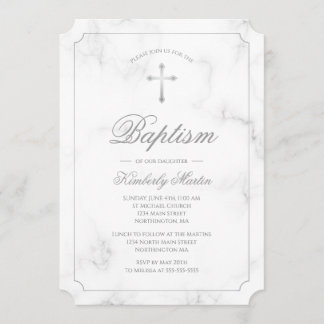 Invitation Baptême Marbre blanc Scripts croisés argent