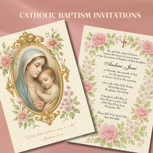 Invitation Baptême Marie et Jésus rose Roses (Créateur téléchargé)