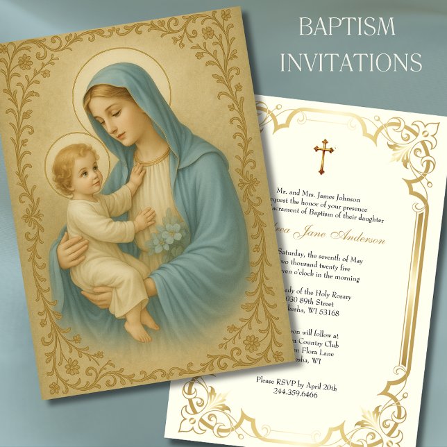 Invitation Baptême Marie Jésus Bleu et Or (Créateur téléchargé)