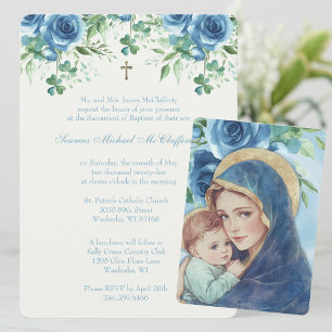 Invitation Baptême Marie Jésus Shamrocks floraux bleus