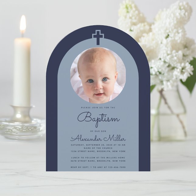 Invitation Baptême Marine Arch Boy Photo Dusty Blue Script (Créateur téléchargé)