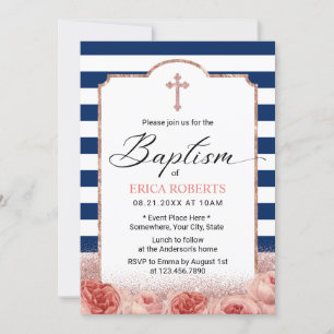 Invitation Baptême Marine Nautique Rose Gold Floral