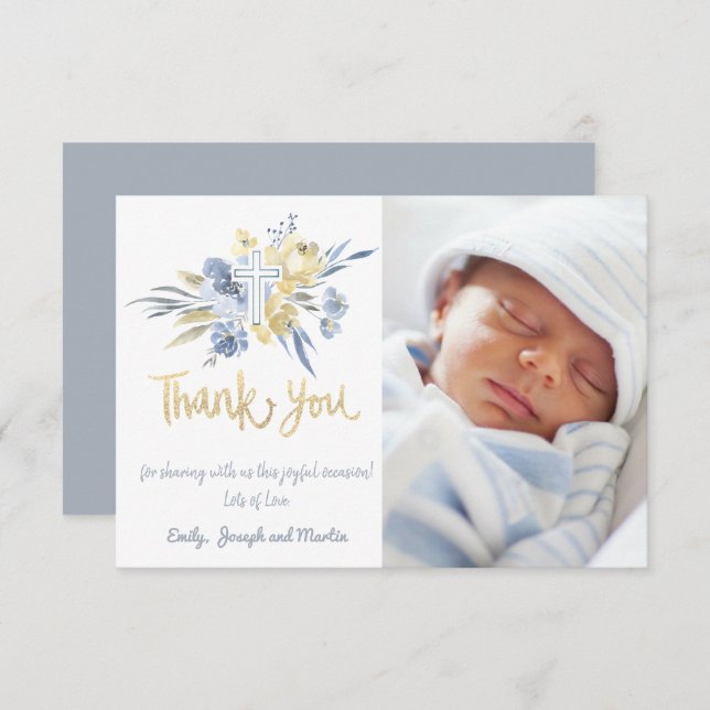 Invitation baptême merci bébé garçon bleu jaune (Devant / Derrière)