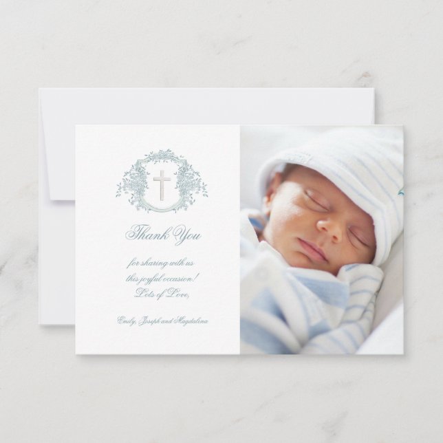 Invitation Baptême merci crête florale bleue (Devant)