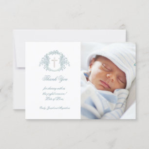 Invitation Baptême merci crête florale bleue