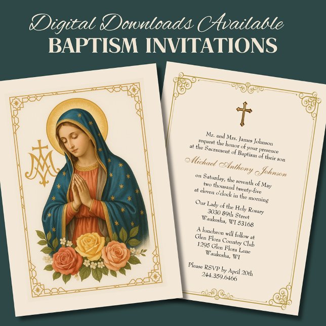 Invitation Baptême Mère Marie Croix mariale Rose (Créateur téléchargé)