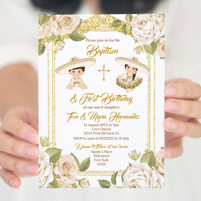 Invitation Baptême mexicain Blanc Floral Twin Boy and Girl (Créateur téléchargé)