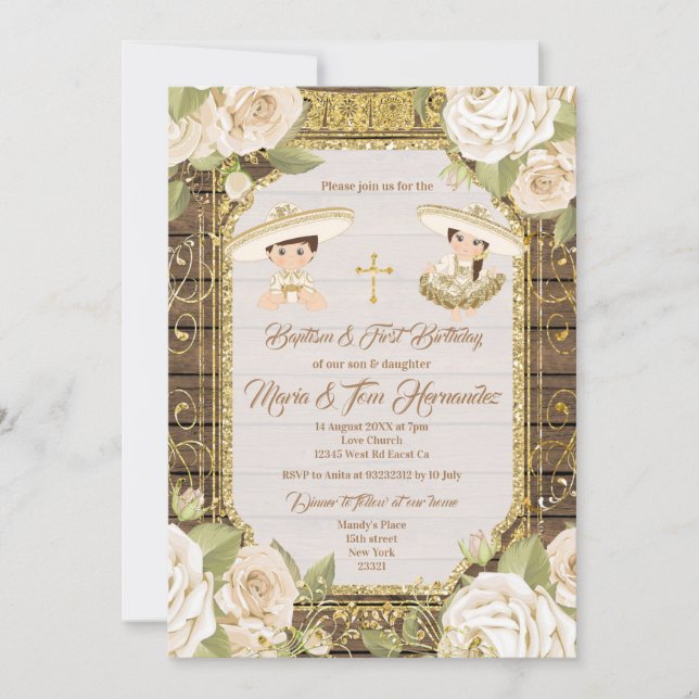 Invitation Baptême mexicain Blancs jumeaux floraux (Devant)