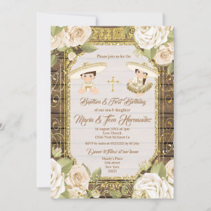 Invitation Baptême mexicain Blancs jumeaux floraux
