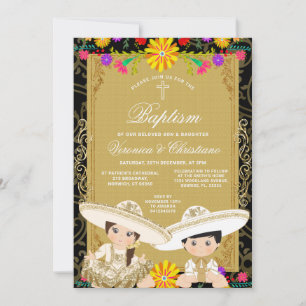Invitation Baptême mexicain en or jumeaux Croix florale color