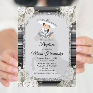 Invitation Baptême mexicaine blanche en argent