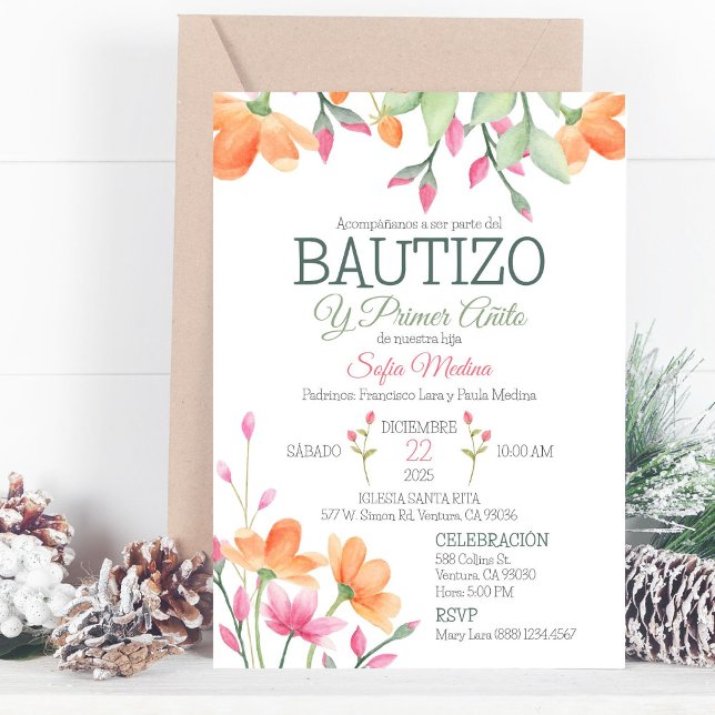 Invitation Baptême mignon et fleurs d'aquarelle de premier an (Créateur téléchargé)