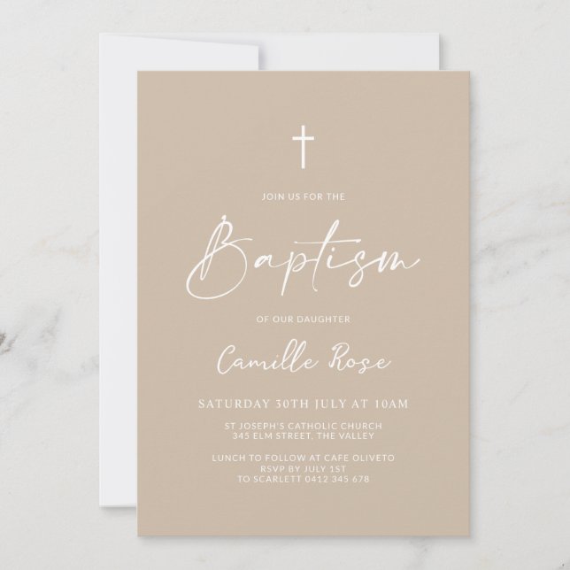 Invitation Baptême Minimaliste Beige Neutre  (Devant)