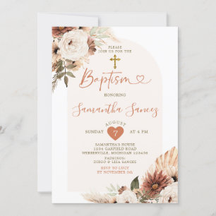 Invitation Baptême minimaliste Boho Blanc Floral Christening