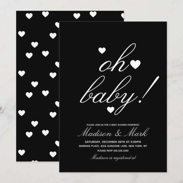 Invitation Baptême Minimaliste Cœurs Flottants Noir (Devant / Derrière)