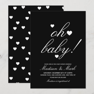 Invitation Baptême Minimaliste Cœurs Flottants Noir