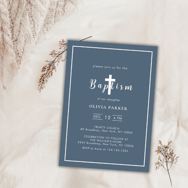 Invitation Baptême minimaliste Dusty Croix Bleue Garçon (Minimalist Dusty Blue Cross Boy Baptism Invitation)