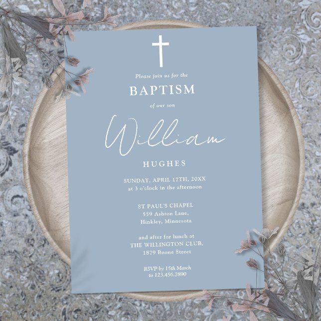 Invitation Baptême minimaliste moderne bleu poussiéreux Baptê (Dusty Blue Modern Minimalist Baptism Christening Invitation)