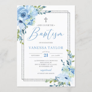 Invitation Baptême moderne bleu floral argent cadre boho bapt