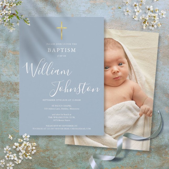 Invitation Baptême Moderne Christening Bleu Poussiéreux Photo (Modern Baptism Christening Dusty Blue Photo Invitation)