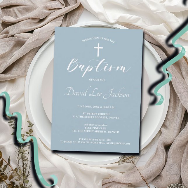 Invitation Baptême moderne Christening Croix blanche Dusty Bl (Créateur téléchargé)