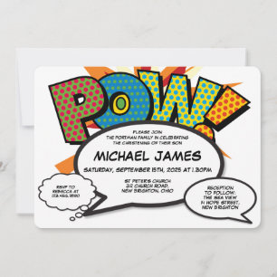 Invitation Baptême moderne Christening Fun Comic Book
