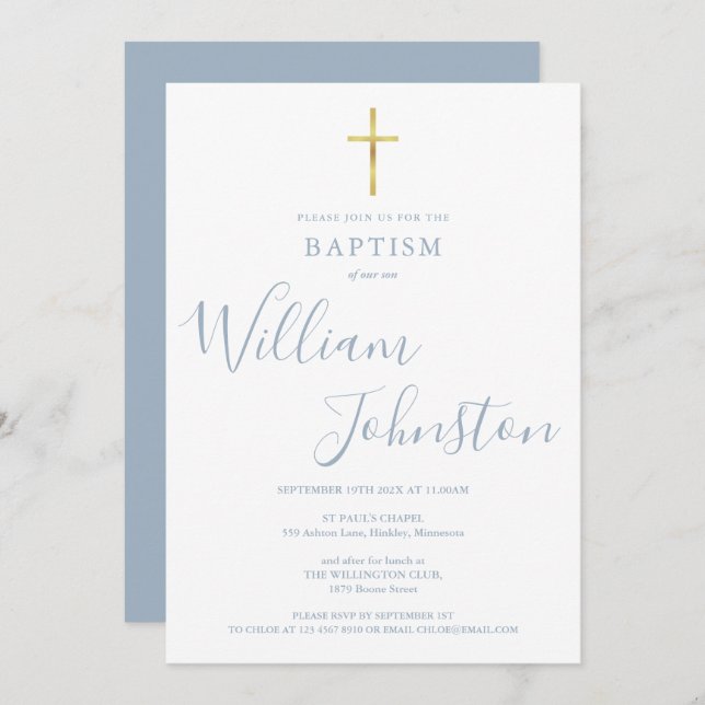 Invitation Baptême moderne Christening Gold Cross Dusty Blue (Devant / Derrière)