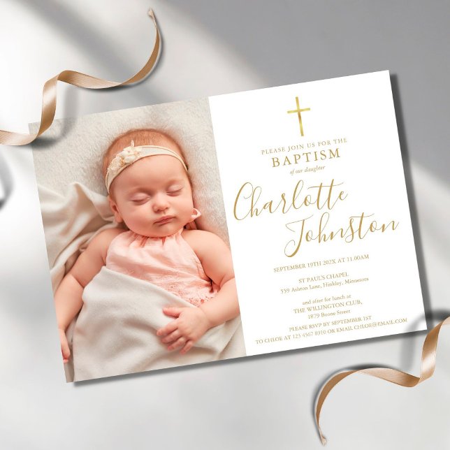 Invitation Baptême moderne Christening Golden Script Photo (Créateur téléchargé)