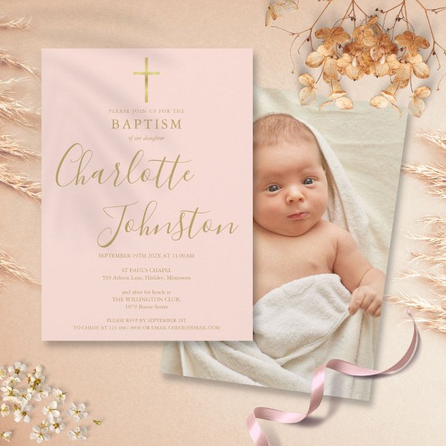 Invitation Baptême Moderne Christening Or Rose Pâle Photo (Modern Baptism Christening Gold Blush Pink Photo Invitation)