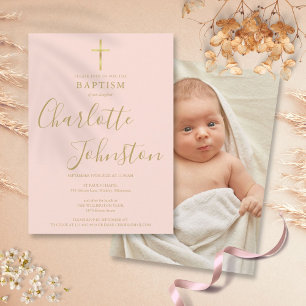 Invitation Baptême Moderne Christening Or Rose Pâle Photo