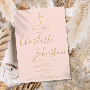 Invitation Baptême Moderne Christening Or Script Rose Pâle