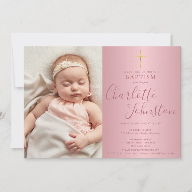 Invitation Baptême Moderne Christening Rose Gold Écriture Pho (Devant)