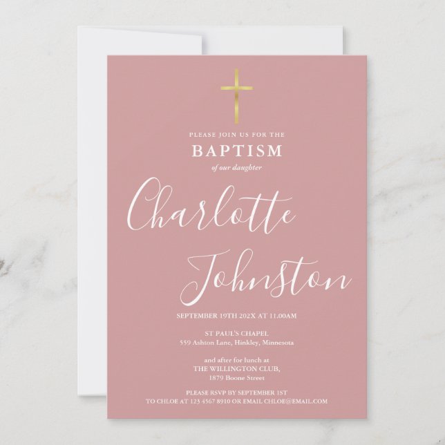 Invitation Baptême Moderne Christening Rose Poussiéreuse Rose (Devant)