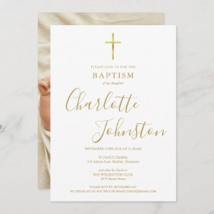Invitation Baptême moderne Christening Signature dorée Photo