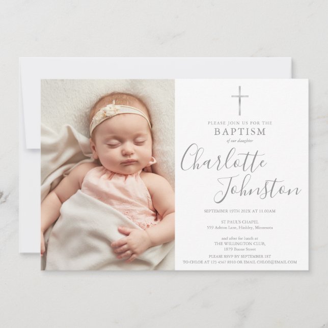Invitation Baptême moderne Christening Silver Script Photo (Devant)