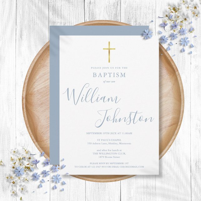 Invitation Baptême Moderne Croix Dorée Bleu Poussiéreux (Modern Baptism Christening Gold Cross Dusty Blue Invitation)