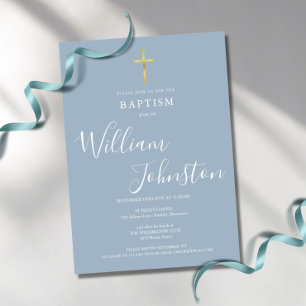Invitation Baptême Moderne Croix Dorée Bleu Poussiéreux