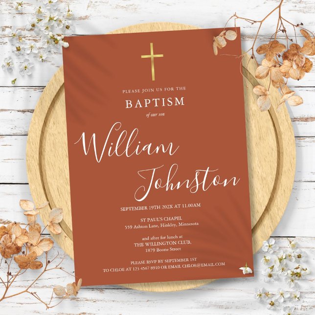 Invitation Baptême Moderne Croix Dorée Terracotta (Modern Baptism Christening Gold Cross Terracotta Invitation)